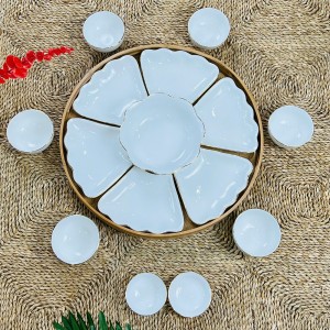 Bộ bát đĩa mâm cúng gia tiên men trắng kẻ chỉ vàng kim 45cm